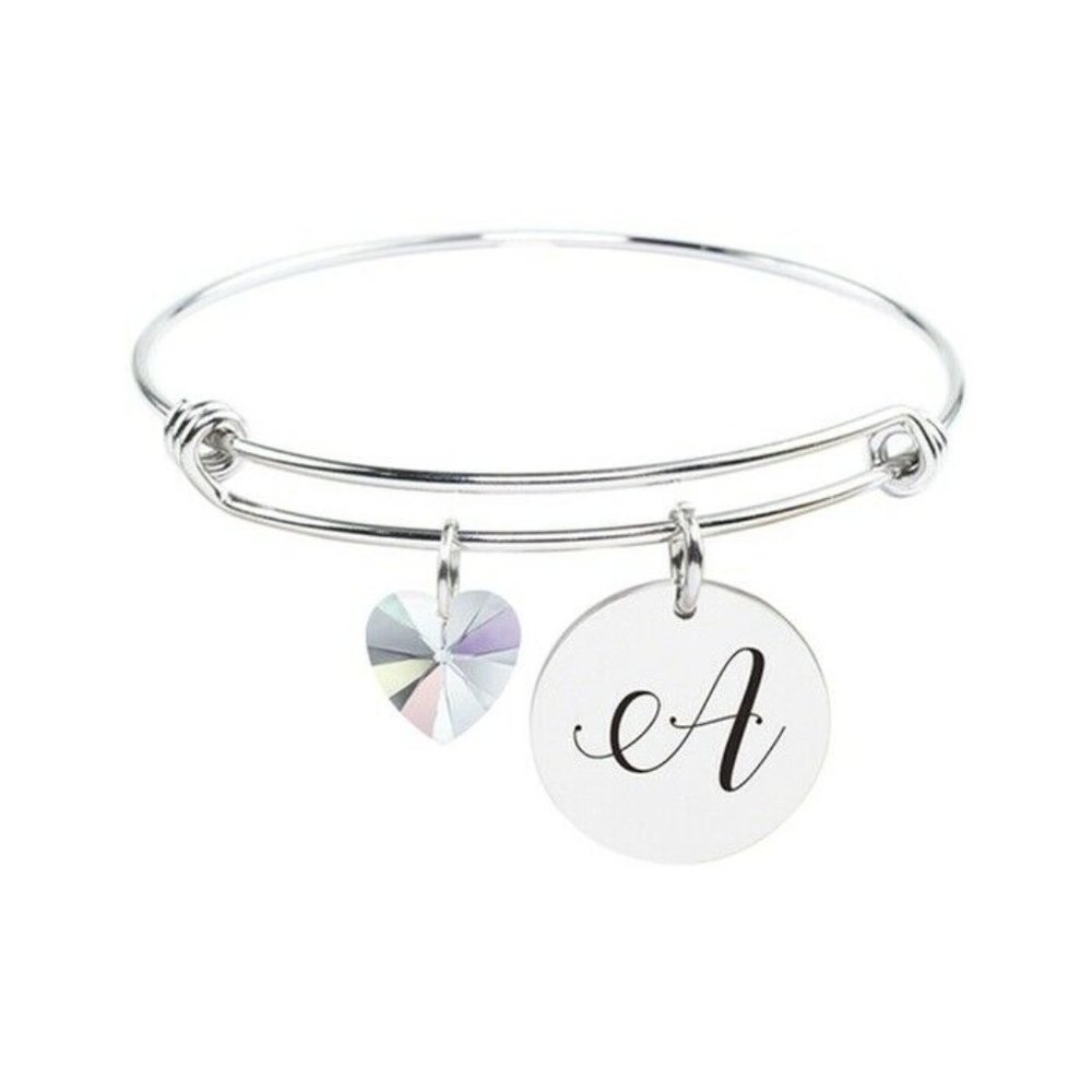 Stainless Steel Initial Bangle Bracelet w/ Crystal